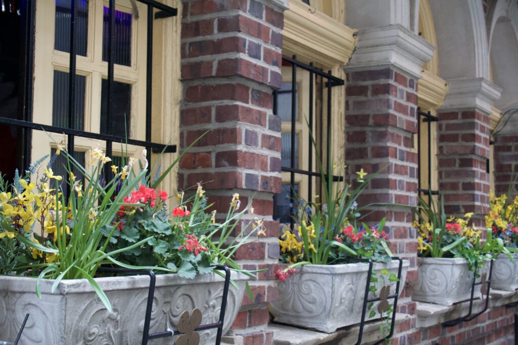 Spring flower window boxes along a brick and stone rowhouse facade