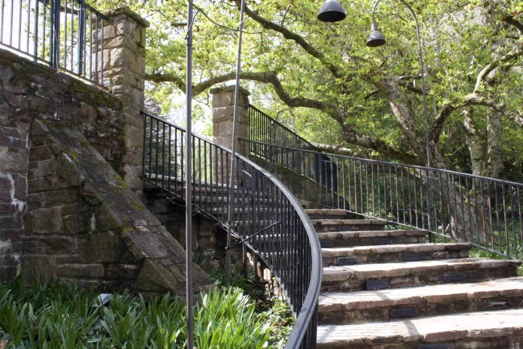 A curving stone stairway with wrought iron railing under spring trees