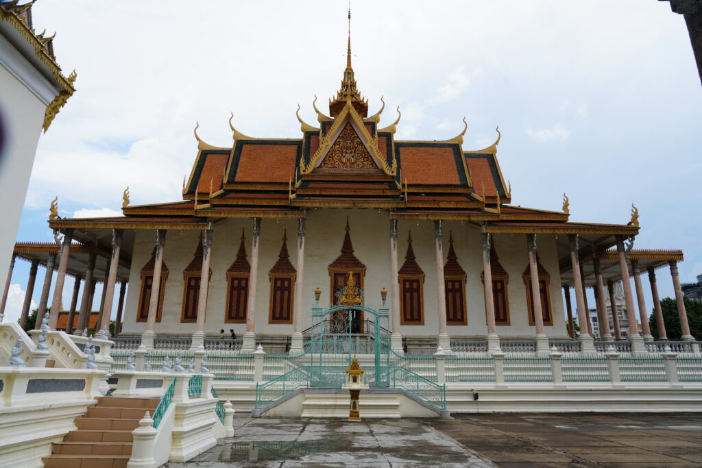 The Silver Pagoda with its orange tiled roof and white colonnade