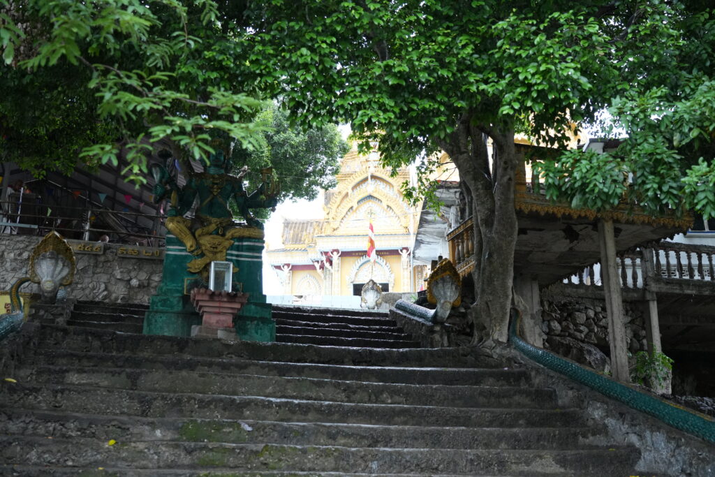 A long stone stairway climbing to a temple gate through trees