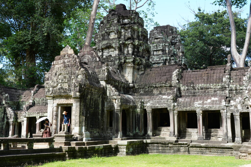 The carved facade and colonnade of Preah Khan temple