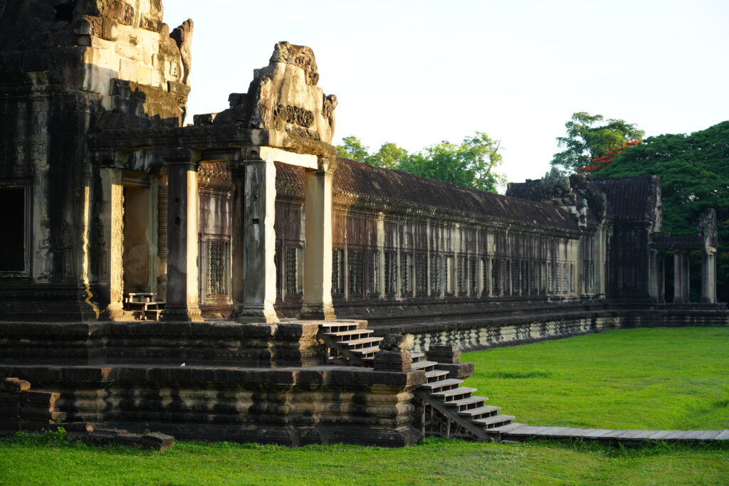 The long colonnade of Angkor Wat's outer gallery in morning light