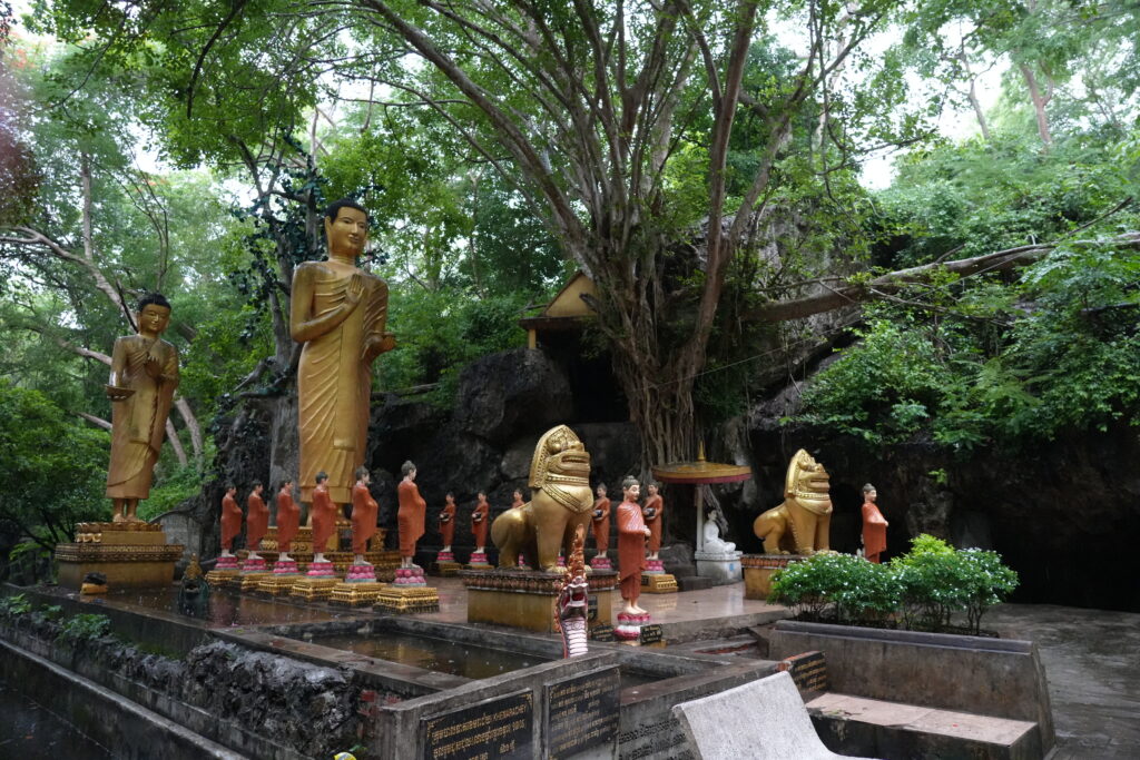 Golden Buddhas and monk statues under banyan