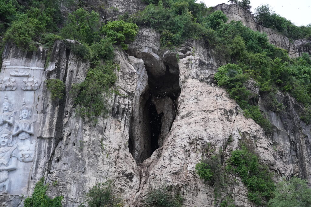 Apsara relief and cave on cliff with bats