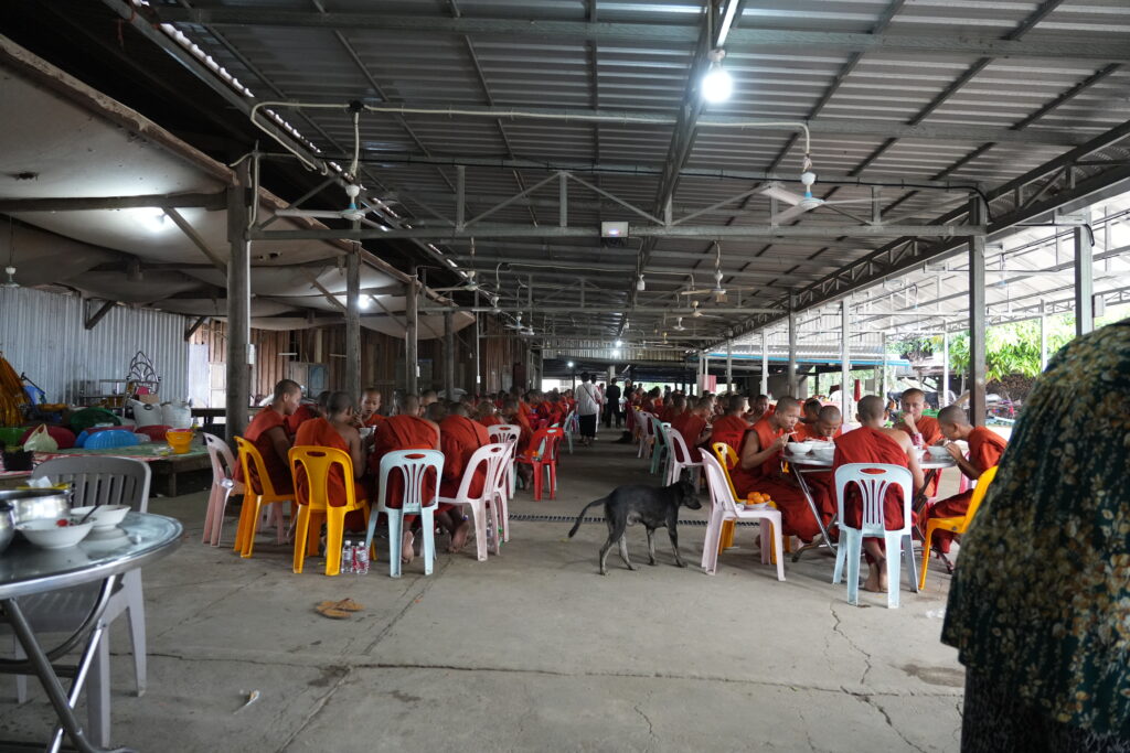 Monks dining hall with wandering dog