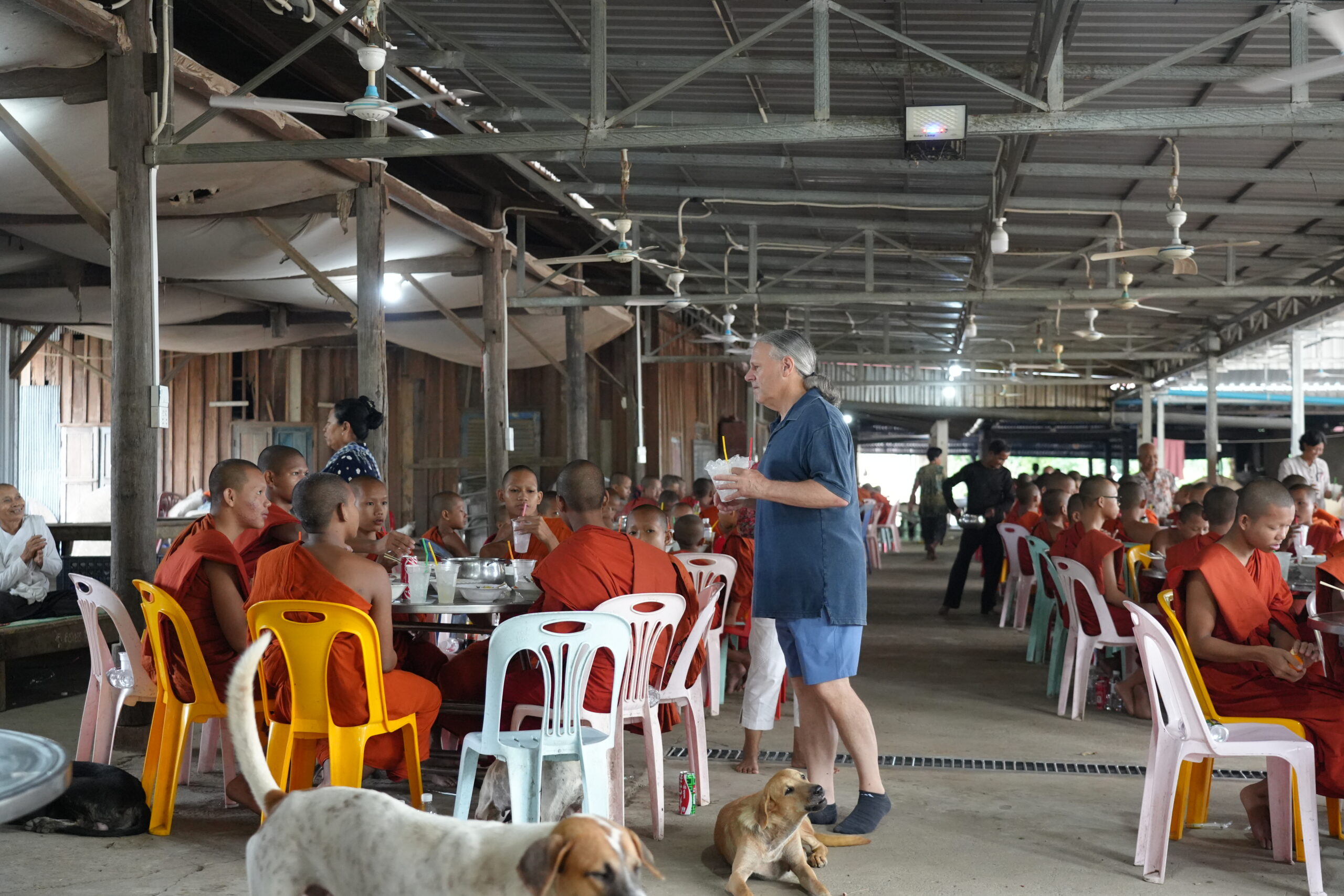 Monk dining hall with dogs