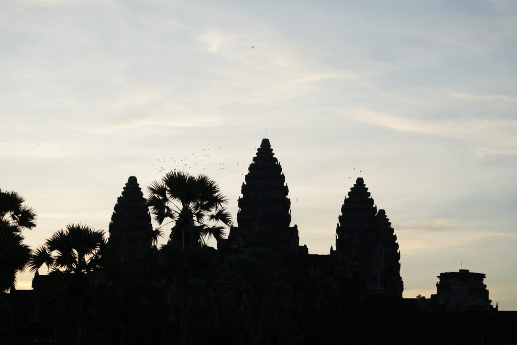 Angkor towers with bird flock