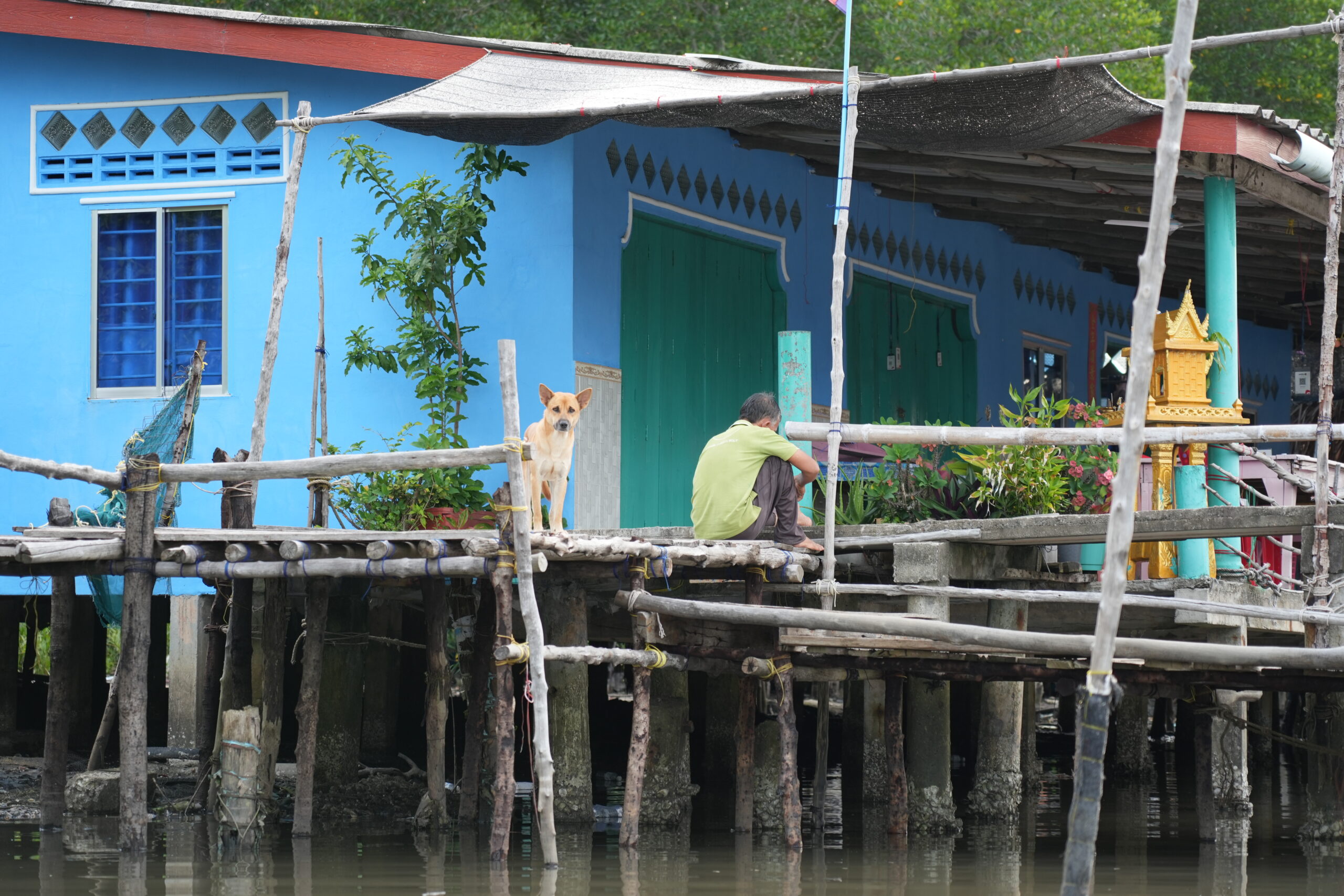 Stilt village man and dog