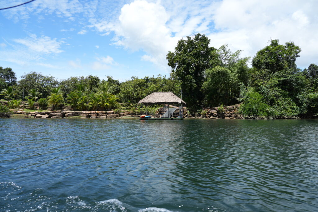Thatched pavilion on jungle river