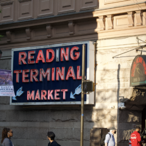 The neon Reading Terminal Market sign above the entrance