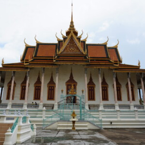 The Silver Pagoda with its orange tiled roof and white colonnade