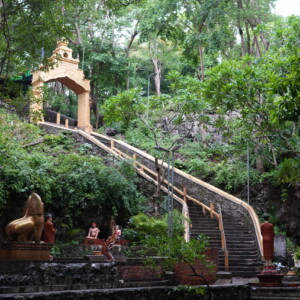 A golden arch and long stairway climbing into the trees