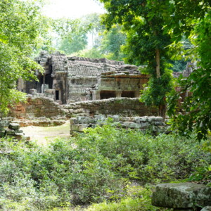 Collapsed temple walls half buried in green undergrowth