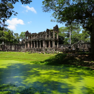 Vivid green algae covering a pool below ruined temple galleries