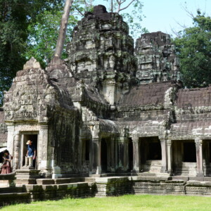 The carved facade and colonnade of Preah Khan temple