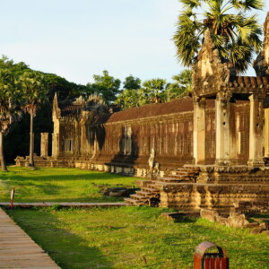 Warm early light raking across the outer gallery of Angkor Wat